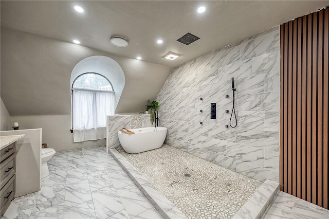 bathroom featuring marble finish floor, recessed lighting, a soaking tub, vanity, and tiled shower