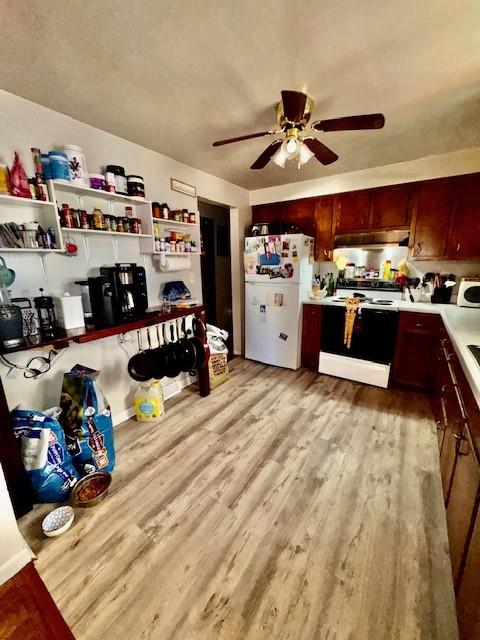 kitchen featuring electric stove, light countertops, light wood-style flooring, freestanding refrigerator, and under cabinet range hood