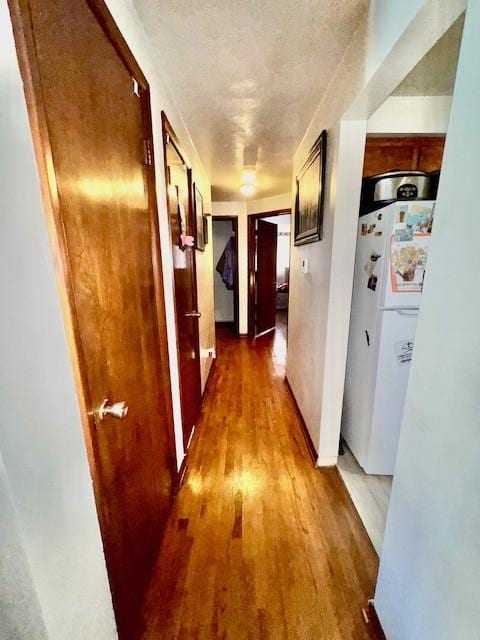 corridor featuring a textured ceiling and wood finished floors