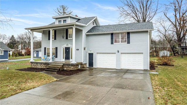 view of front of property featuring a garage, a shingled roof, concrete driveway, covered porch, and a front yard