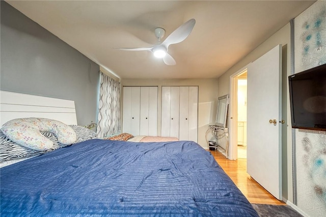 bedroom with wood finished floors, a ceiling fan, and multiple closets