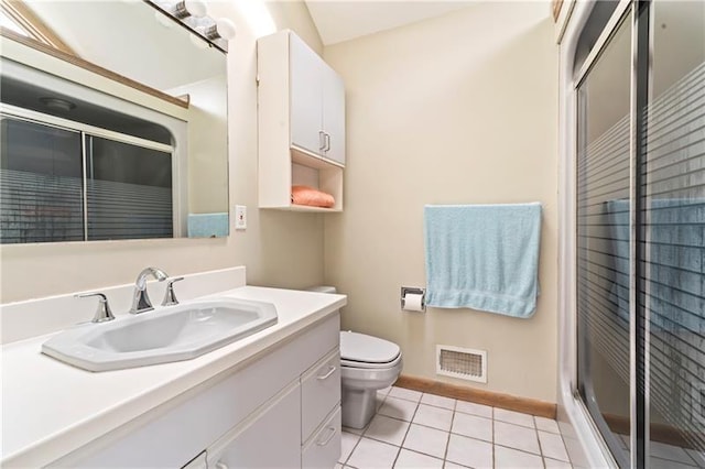 bathroom featuring visible vents, toilet, tile patterned flooring, vanity, and a shower stall