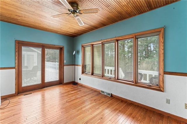 interior space featuring light wood-type flooring, wooden ceiling, and visible vents