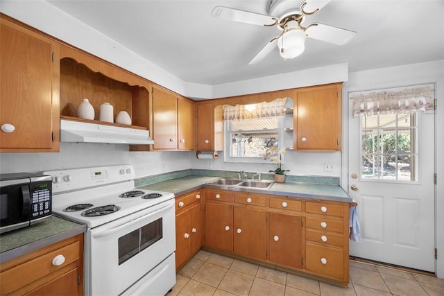 kitchen featuring under cabinet range hood, electric range, a sink, a wealth of natural light, and open shelves