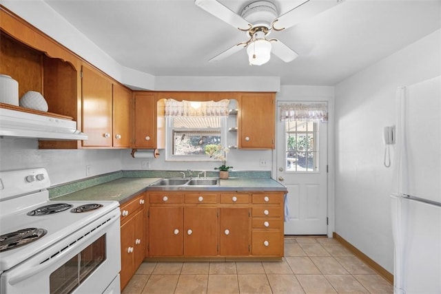 kitchen with brown cabinets, a ceiling fan, a sink, white appliances, and under cabinet range hood