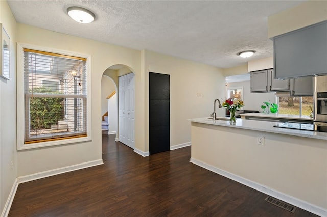 kitchen featuring light countertops, visible vents, gray cabinetry, dark wood-type flooring, and a textured ceiling