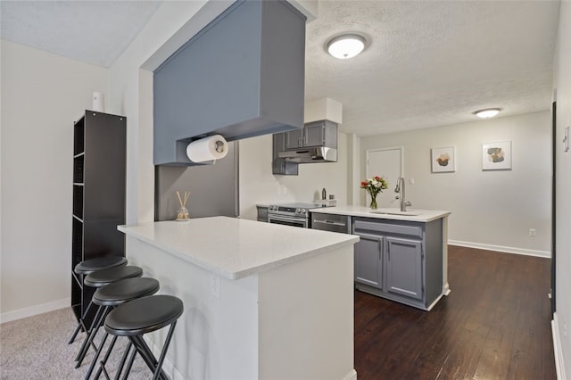 kitchen with gray cabinetry, a peninsula, a sink, and under cabinet range hood