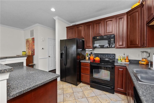 kitchen with black appliances, ornamental molding, dark countertops, and a sink