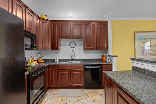 kitchen with crown molding, light tile patterned floors, recessed lighting, a sink, and black appliances