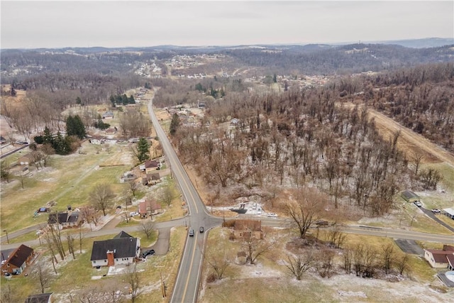 drone / aerial view featuring a rural view and a forest view