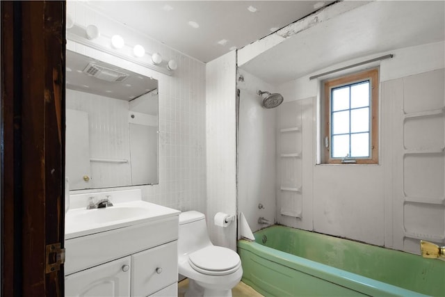 full bath with toilet, shower / bath combination, visible vents, vanity, and tile walls