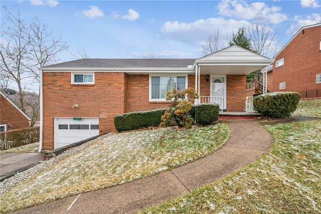 ranch-style house featuring aphalt driveway, brick siding, a porch, a shingled roof, and an attached garage