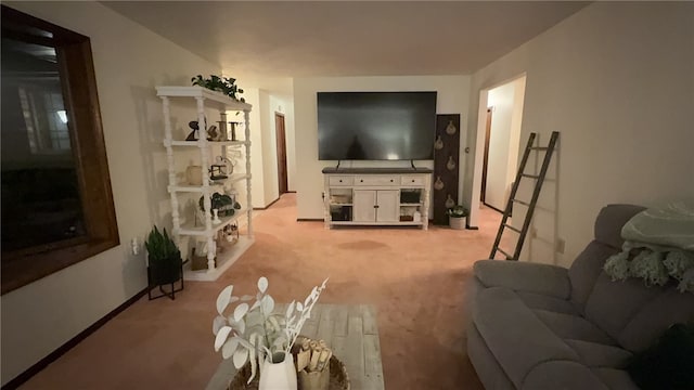 living area featuring light colored carpet