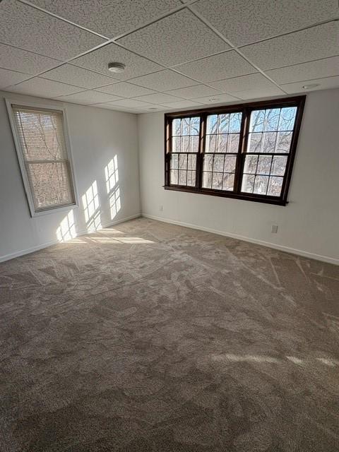 carpeted empty room with a paneled ceiling and baseboards