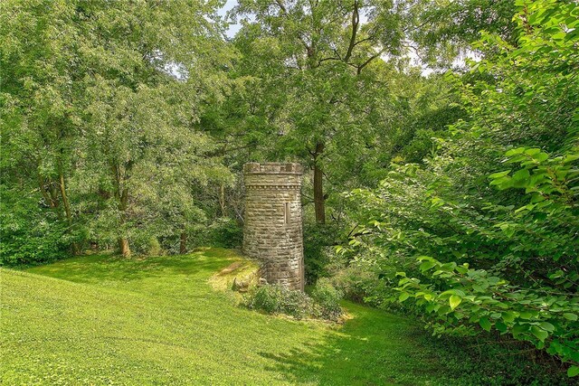 view of yard featuring a forest view