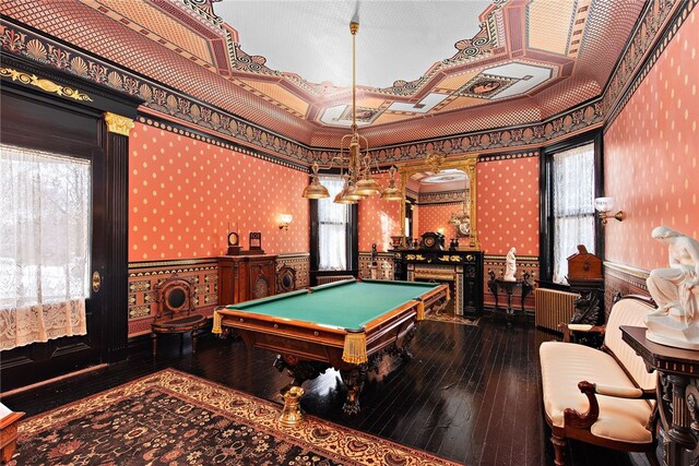 rec room featuring wallpapered walls, a fireplace, hardwood / wood-style flooring, and pool table