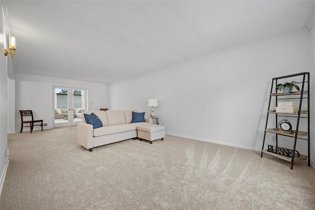 carpeted living room with baseboards, crown molding, and french doors