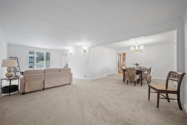 carpeted living room with a chandelier, a baseboard radiator, crown molding, and baseboards