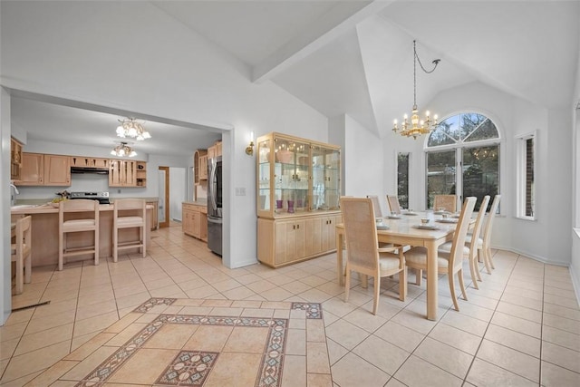 dining area featuring high vaulted ceiling, light tile patterned floors, baseboards, and an inviting chandelier