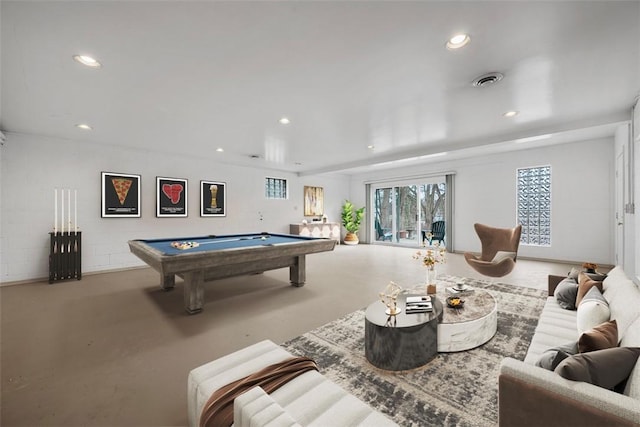 rec room featuring concrete flooring, recessed lighting, pool table, and visible vents