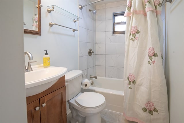 bathroom featuring toilet, shower / bath combination with curtain, and vanity