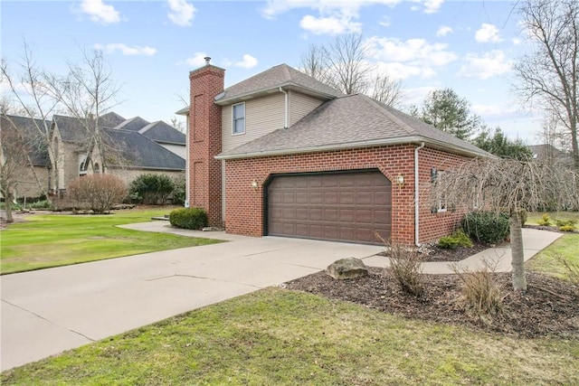 view of property exterior featuring a shingled roof, concrete driveway, a chimney, an attached garage, and a yard