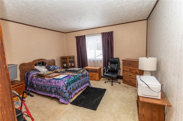 carpeted bedroom with crown molding