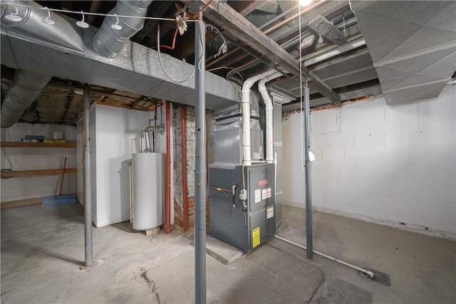 unfinished below grade area featuring water heater and heating unit