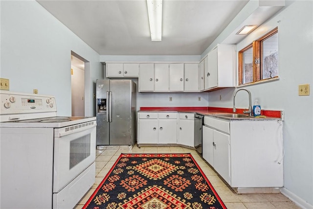 kitchen featuring electric range, white cabinetry, a sink, dishwasher, and stainless steel fridge with ice dispenser