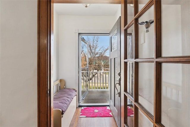 doorway with wood finished floors