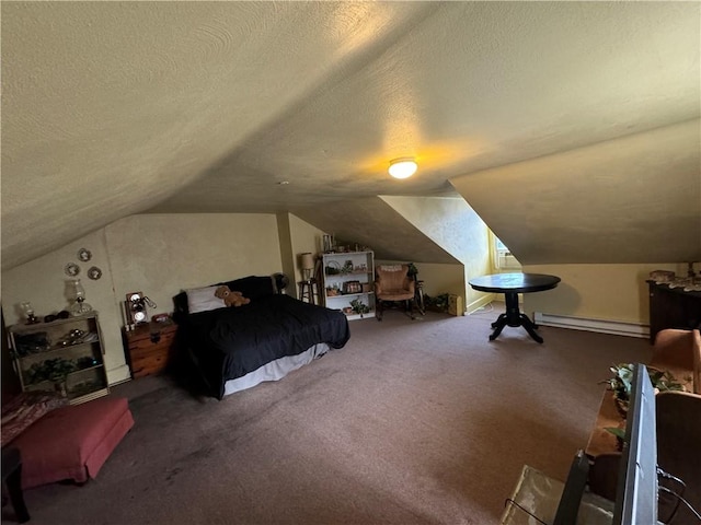 bedroom featuring a textured ceiling, baseboard heating, carpet, and lofted ceiling