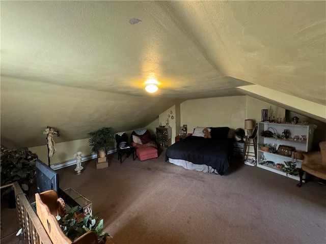 carpeted bedroom with vaulted ceiling and a textured ceiling