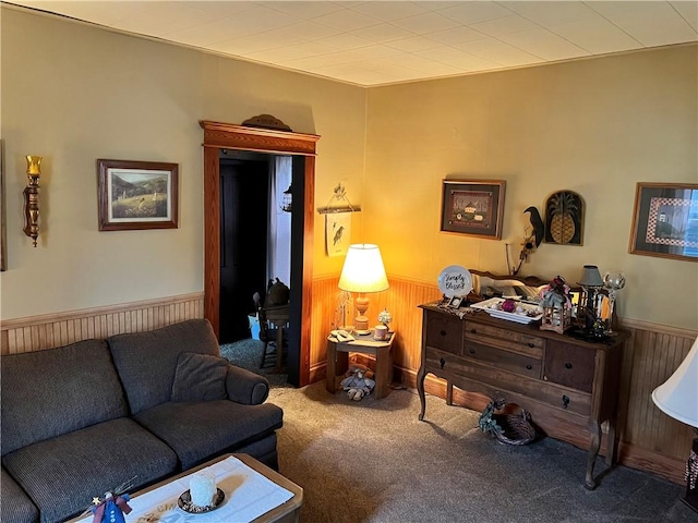 living area featuring carpet floors, a wainscoted wall, and wood walls