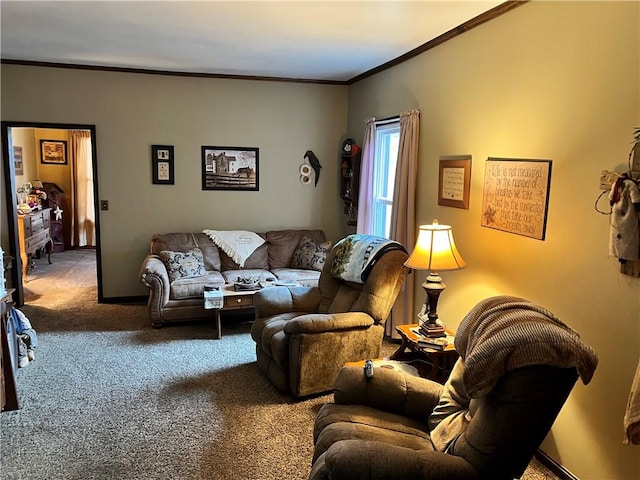 carpeted living room with ornamental molding