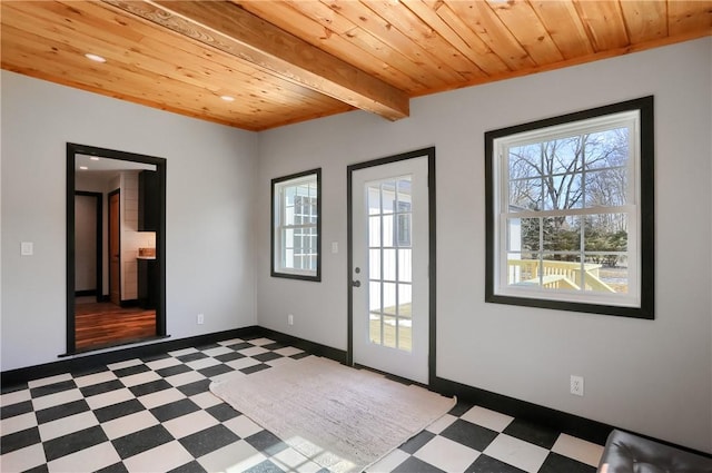 spare room with wood ceiling, beamed ceiling, baseboards, and tile patterned floors