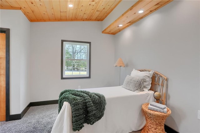 bedroom featuring carpet floors, recessed lighting, lofted ceiling, wood ceiling, and baseboards