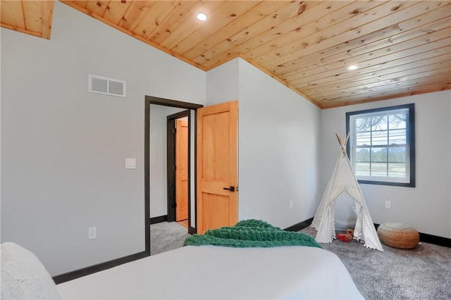 carpeted bedroom featuring recessed lighting, wood ceiling, visible vents, vaulted ceiling, and baseboards