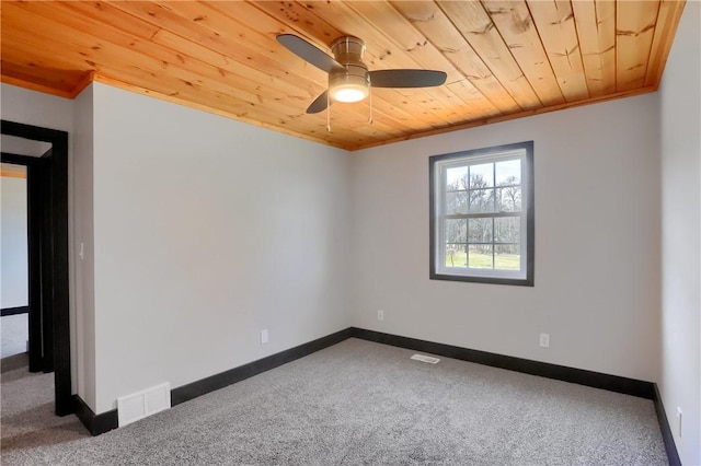 spare room featuring ornamental molding, wood ceiling, visible vents, and baseboards