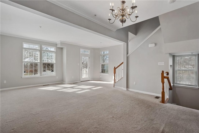 unfurnished living room featuring stairs, baseboards, carpet flooring, and crown molding