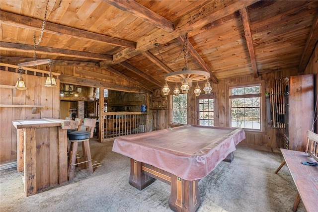 recreation room with carpet floors, pool table, lofted ceiling with beams, wood walls, and wooden ceiling