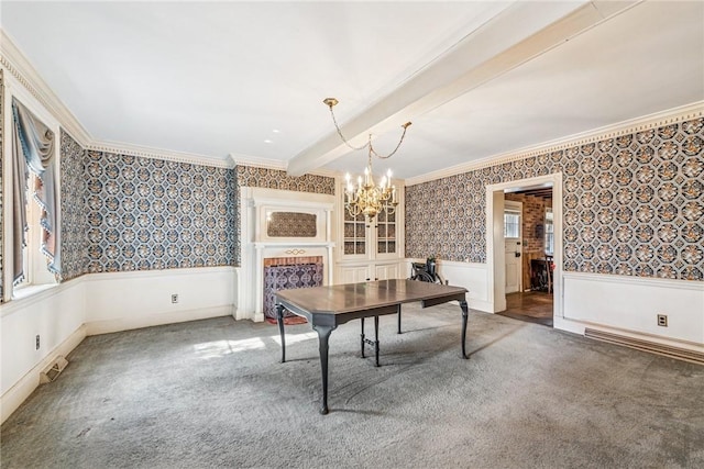 office featuring carpet floors, wallpapered walls, ornamental molding, and a wainscoted wall