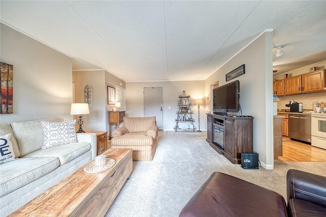 living area featuring light carpet, baseboards, and a textured ceiling