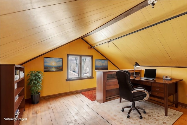 home office featuring wood ceiling, wood-type flooring, baseboards, and vaulted ceiling