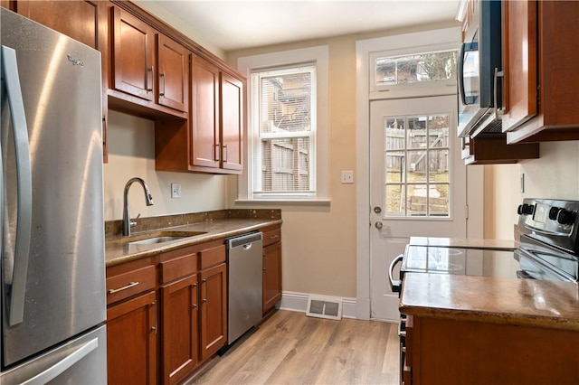 kitchen featuring a sink, visible vents, baseboards, light wood-style floors, and appliances with stainless steel finishes