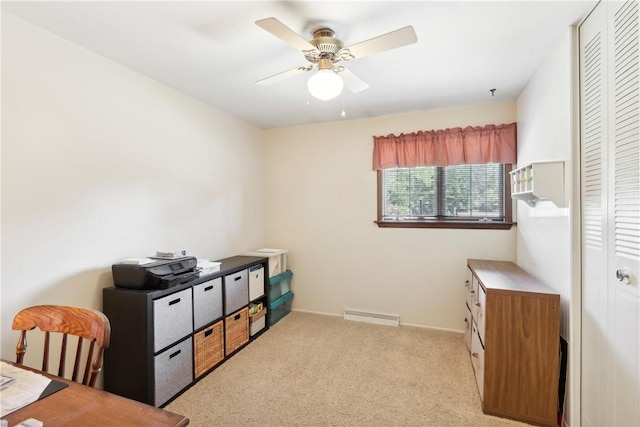 interior space featuring ceiling fan, visible vents, and baseboards