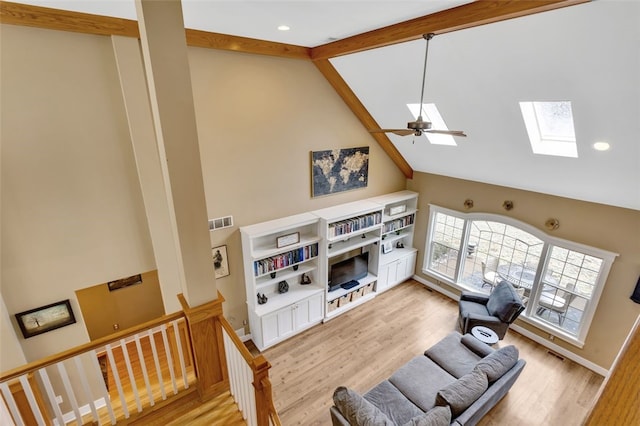 living area featuring a skylight, visible vents, high vaulted ceiling, light wood-type flooring, and beamed ceiling