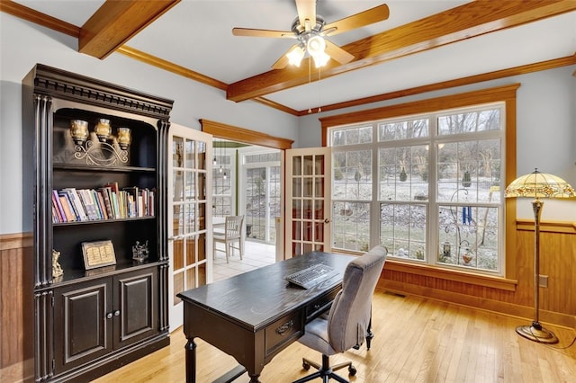 office featuring french doors, wainscoting, wood walls, beamed ceiling, and hardwood / wood-style flooring