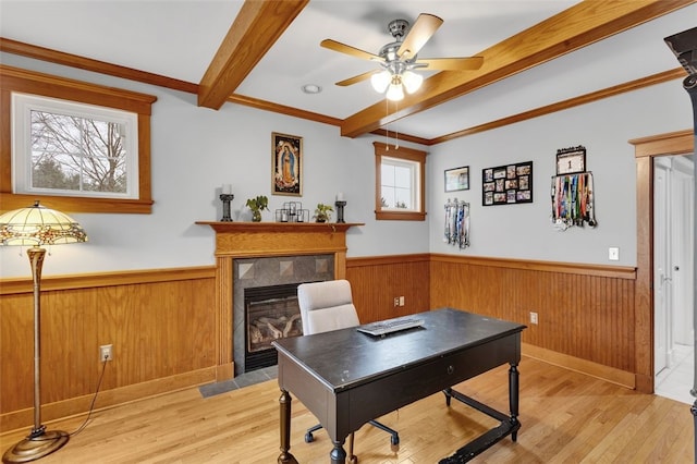 home office featuring wooden walls, wainscoting, a fireplace with flush hearth, light wood-type flooring, and beam ceiling