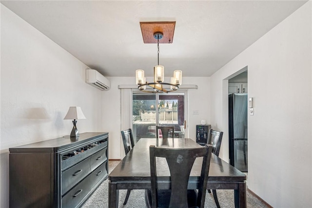 dining area featuring baseboards, an AC wall unit, carpet floors, and a notable chandelier