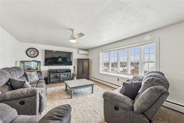 living room with carpet, a baseboard radiator, baseboard heating, a textured ceiling, and a wall mounted air conditioner